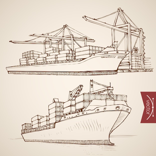 Engraving vintage hand drawn Ship deliver and unload cargo container collection. Pencil Sketch water delivery transport 