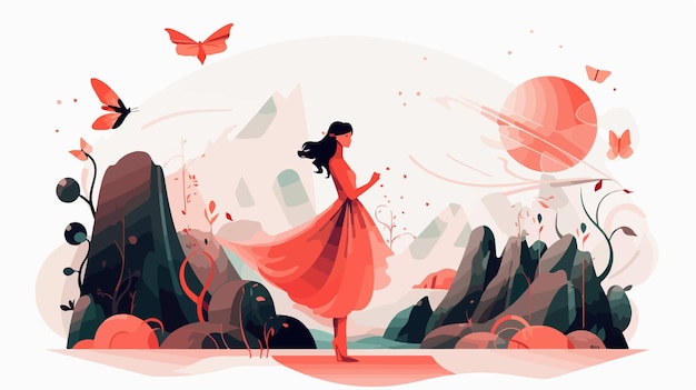 Vector enigmatic woman in enchanted otherworldly setting