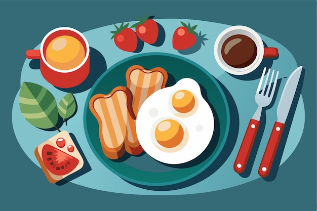 Enjoy a customizable English breakfast featuring eggs toast fresh strawberries and a warm beverage Customizable English breakfast illustration