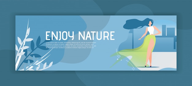 Enjoy Nature Header Banner with Flat Cartoon Woman in Elegant Dress