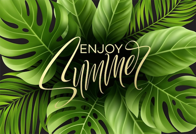 Enjoy summer card with tropical palm leaf and handwriting lettering.