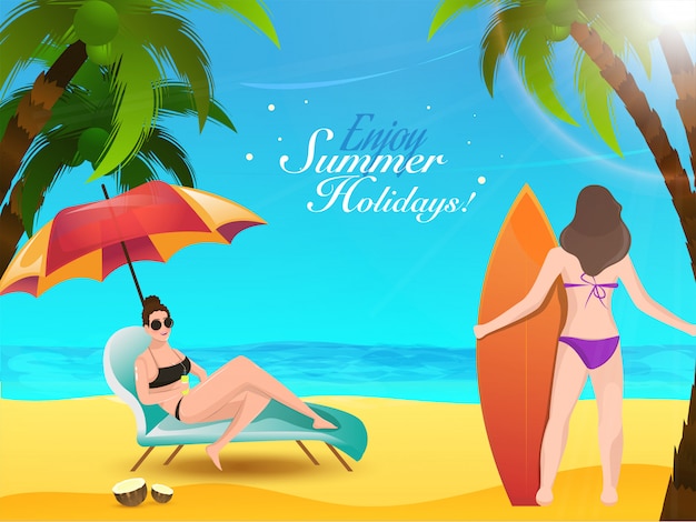 Enjoy Summer Holiday design with Illustration of women on the beach 