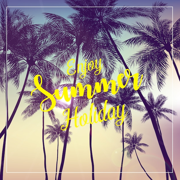 Vector enjoy summer holiday poster with coconut trees background