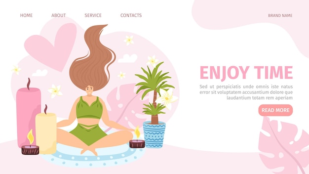 Enjoy time for flat woman website page vector illustration female character relaxation with aroma ca...