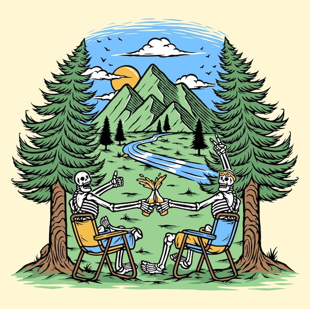 enjoying beer with friends in the mountains illustration