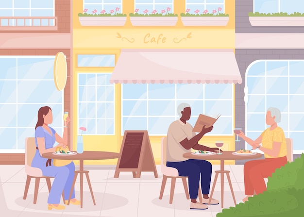 Enjoying drinks and delicious lunch at cafe flat color vector illustration Modern urban lifestyle Public area Visitors 2D simple cartoon characters with cityscape on background Caveat font used