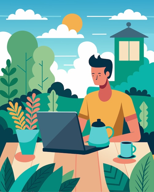 Vector enjoying a freshly brewed coffee amid the urban garden while typing away on a sleek laptop on a