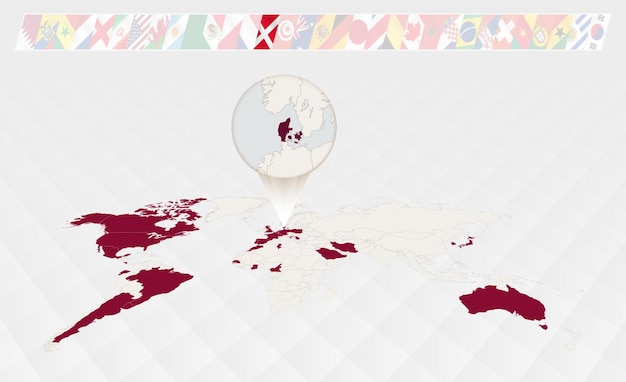 Enlarge the map of Denmark selected on the perspective world map Infographics about the participants in soccer tournament