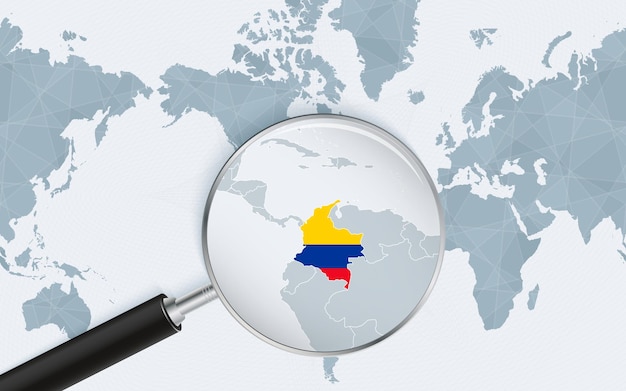 Enlarged map of Colombia on America centered World Map Magnified map and flag of Colombia