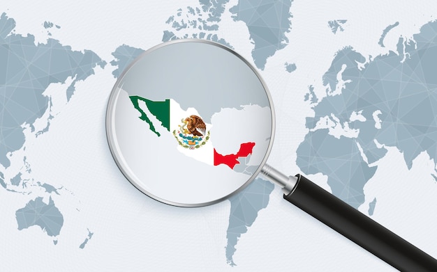 Enlarged map of Mexico on America centered World Map Magnified map and flag of Mexico