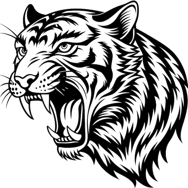 Vector enraged roaring tiger in striking black and white silhouette