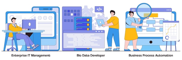 Vector enterprise it management big data developer business process automation concepts with people characters it software solutions abstract vector illustration pack