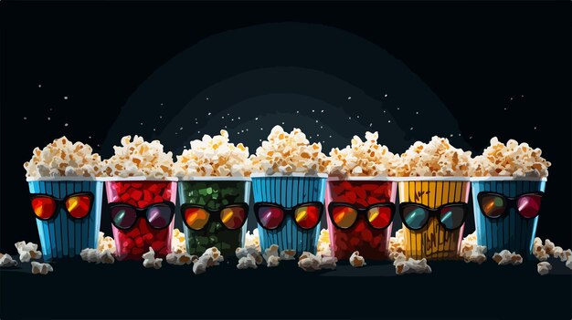 Vector entertainment concept set of buckets with popcorn and 3d glasses isolated