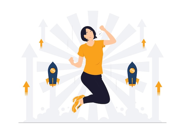 Enthusiastic happy Businesswoman jumping with rocket start up concept illustration