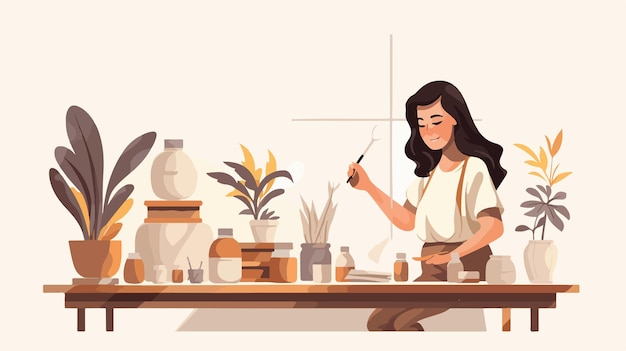 Vector enthusiastic woman decorating ceramic pot