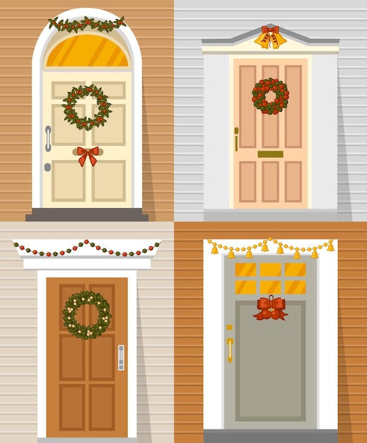 Entrance doors of cottages, country houses, suburban homes decorated with Christmas wreaths, garland