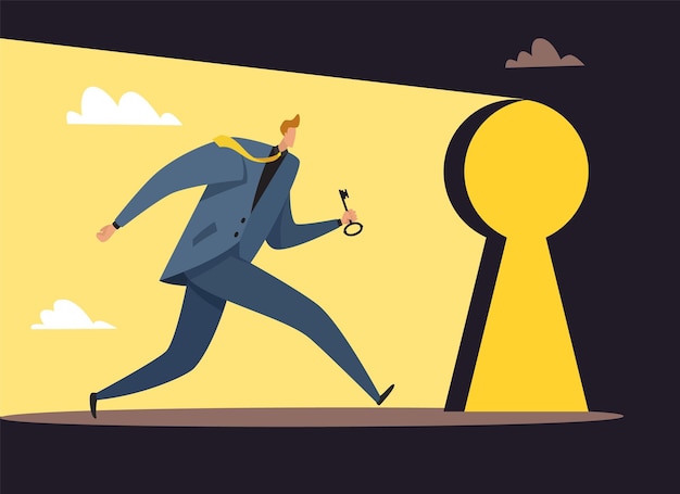 Entrance and exit New opportunities Tiny man hurrying to keyhole with key Person running to open door Businessman searching success and achievements Future chances Vector concept