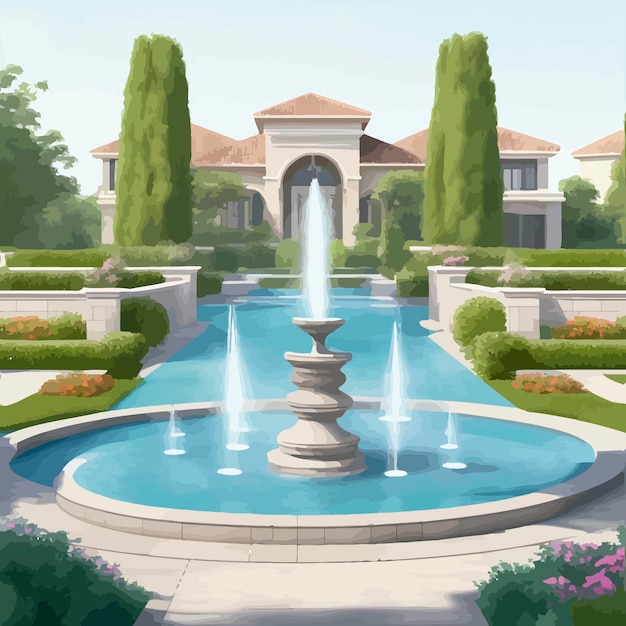 Entrance to a luxury subdivision with a fountain mansion illustration