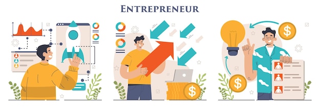 Vector entrepreneur set successful business leader launching and managing a company idea of leadership and career achievement flat vector illustration