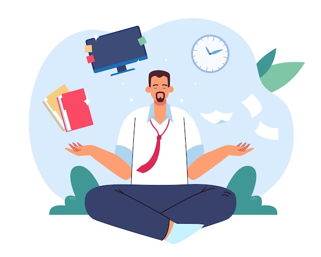 Entrepreneur sitting in lotus pose and meditating. Computer and book under businessman head flat vector illustration. Office worker relaxing after busy day. Concentration, zen, work concept