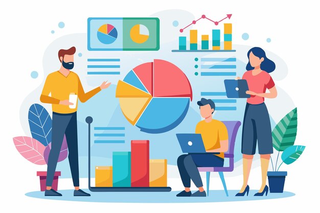 Vector entrepreneurs discuss pie chart statistics while analyzing data in a collaborative workspace entrepreneurs analyze pie chart statistics