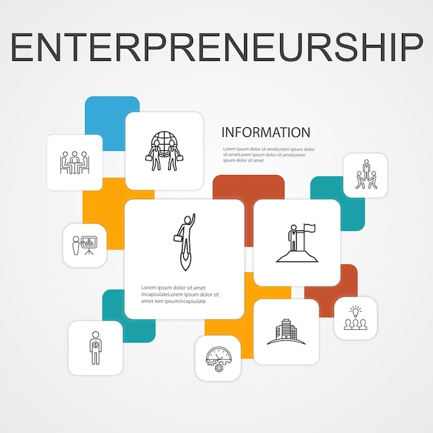 Entrepreneurship Infographic 10 line icons template.Investor, Partnership, Leadership, Team building simple icons