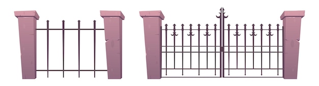 Entry gates and fence made from steel and concrete in cartoon style vector illustration