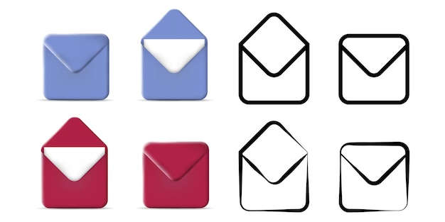 Envelope icon, 3d and hand drawn style. Vector set of elements