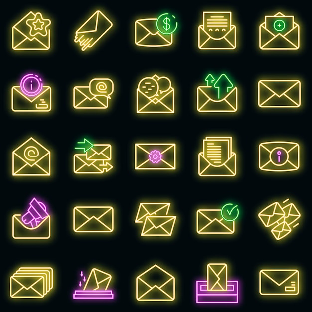 Envelope icons set. Outline set of envelope vector icons neon color on black