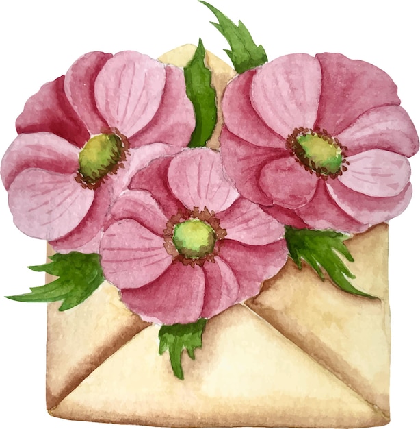 Envelope with anemone watercolor