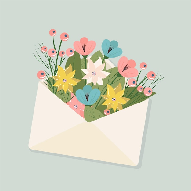 Envelope with flowers inside Vector flat illustration