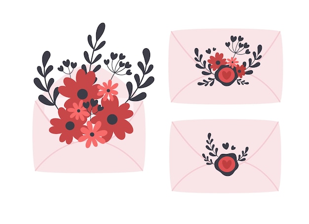 Envelope with flowers leaves and branches Love romantic Valentines day