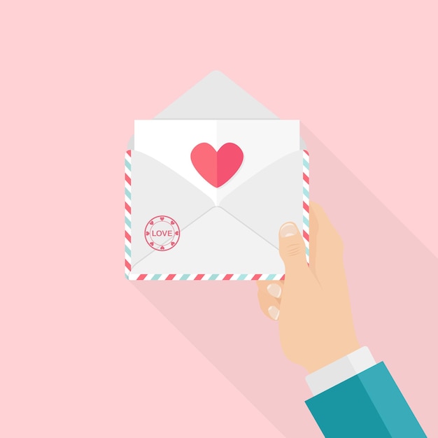 Envelope with love message, open letter with heart in hand. Happy valentines day