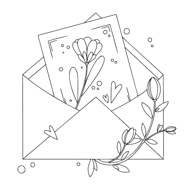 Envelope with postcard, flowers and hearts. Holiday package.  illustration in sketch style.