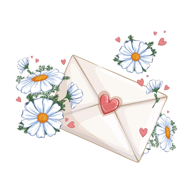 Envelope with a stamp with hearts and delicate graceful daisies.