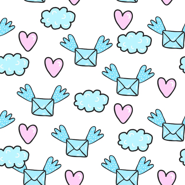 Envelope with wings hearts and clouds Seamless pattern