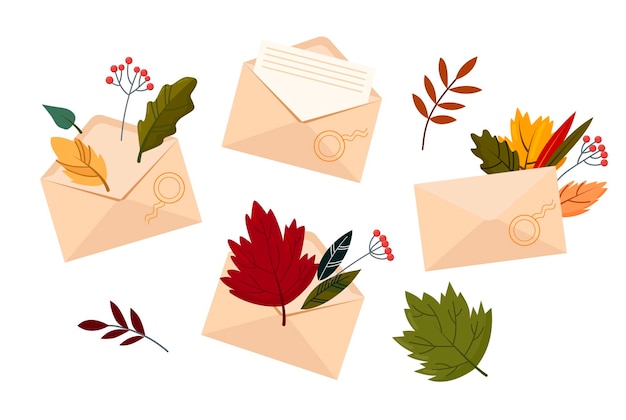 Envelopes with beautiful autumn leaves and letters. Vector illustration on a white background.