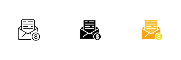 Envelopes with a letter with a dollar sign Work remotely salary mail chat Vector set of icons in line black and colorful styles isolated on white background