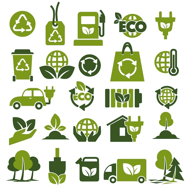 Environment protection and recycling themed green icons set