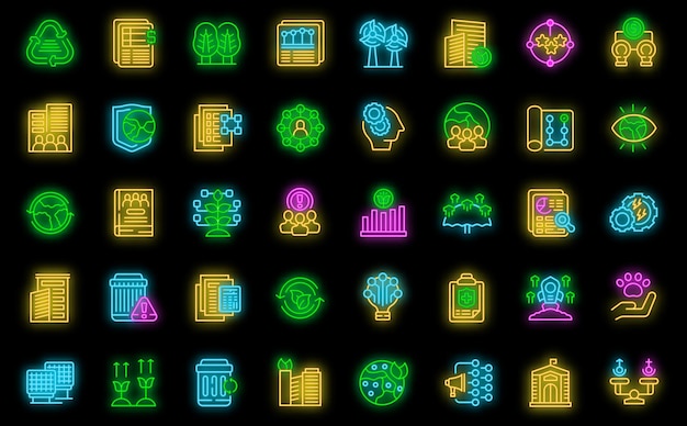 Environment social governence icons set vector neon