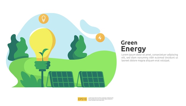 Environmental concept for green clean energy sources with renewable electric sun solar panel and wind turbines. suitable for web landing page template, banner, presentation, social, and print media