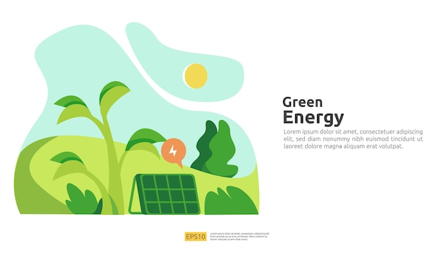 Environmental concept for green clean energy sources with renewable electric sun solar panel and wind turbines. suitable for web landing page template, banner, presentation, social, and print media