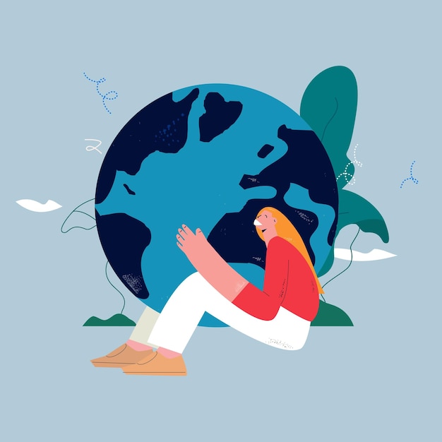 Environmental and ecological concept save the planet Woman hugging planet earth flat vector