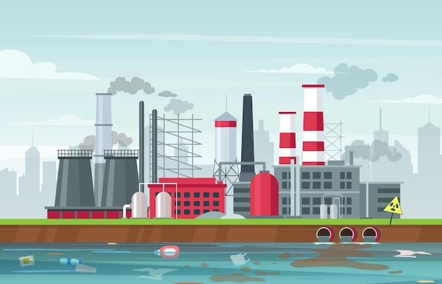 Environmental pollution flat illustration. Factory buildings emitting smoke, pollutant gas emission. Air and water pollution. Industrial smog, waste contamination. Global ecological problem