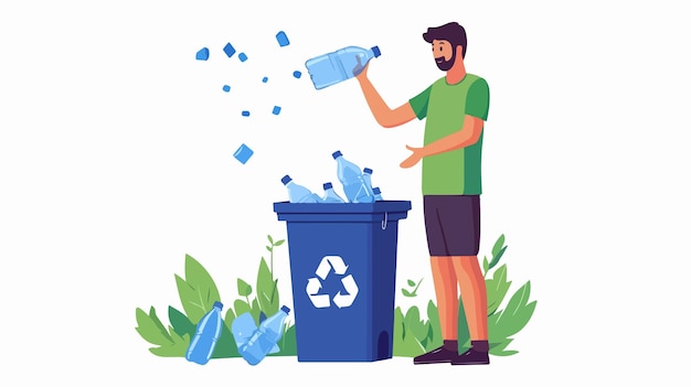 Environmentalist man responsibly discards plastic bottle in recycling bin