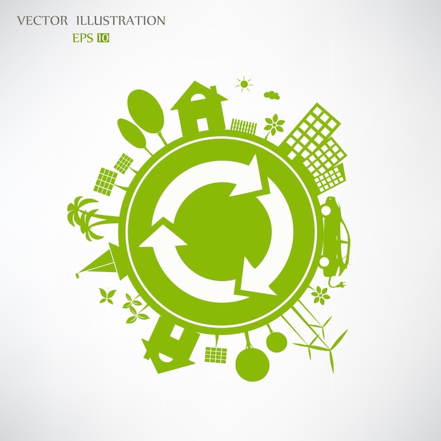 Vector environmentally friendly world the city solar panels a windmill a tree on the globe