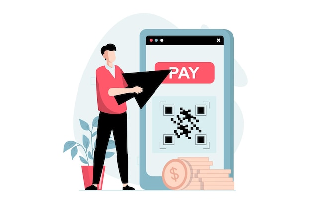 Epayment concept with people scene in flat design Man ordering goods online and paying with secure QR code using mobile phone application Vector illustration with character situation for web