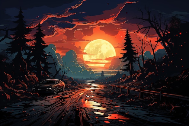 Epic landscape forest water river sunset Digital Illustration