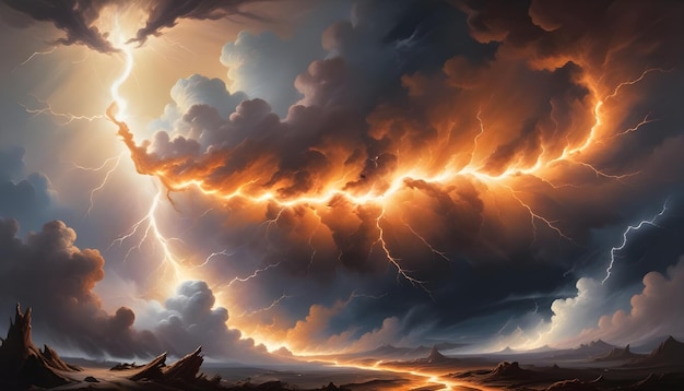 Vector epic scene of lightning bolts illuminating a dramatic landscape with a flowing river of lava