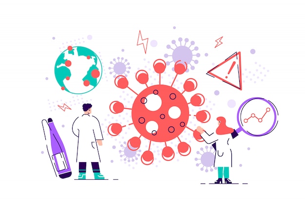 Vector epidemiology. health danger risk spread laboratory. chinise coronavirus. covid-19. sars. sanitary condition prevention and virus microscopic bacteria infection protection. flat  illustration